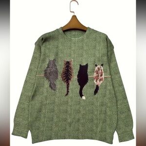 Green Cat Print Sweater